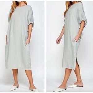 A MENTE Tie Sleeve Tencel Midi Shift Dress Moss Mint {H44}